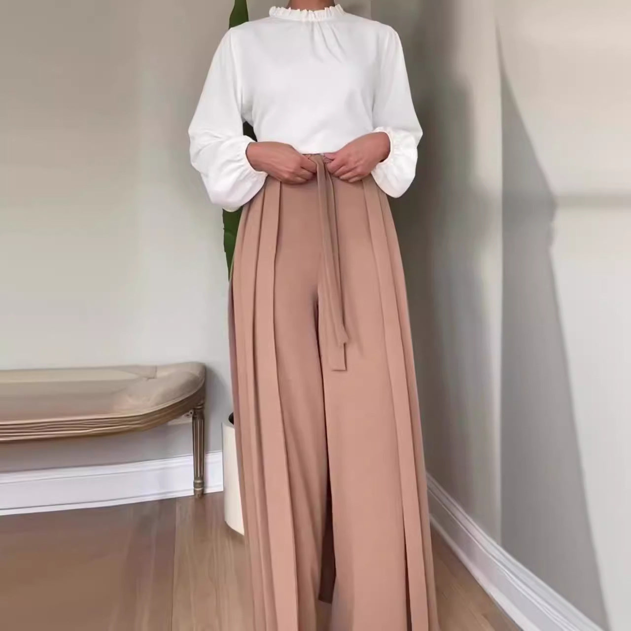 Womens Solid-Color Wide-Leg Pleated Pants With Ties