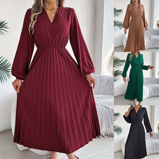 Elegant Womens Long Pleated Dress With A Triple V-Neck Long Sleeves And A Defined Waist