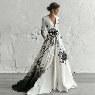 Womens Retro Bohemian Rose-Embroidered Loose Linen Dress
