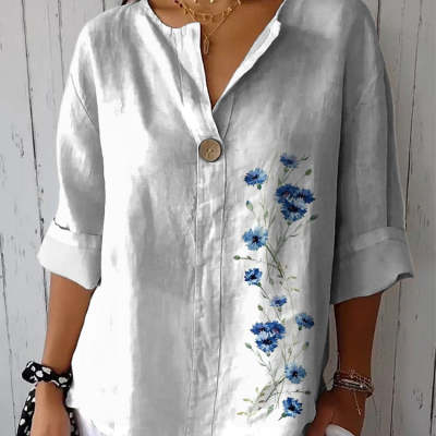 Womens Fashionable Long-Sleeve V-Neck Printed Shirt Top